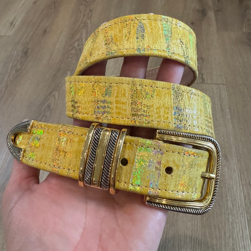 Y2K BB Simon Genuine Leather Yellow Holographic Western Belt XL Gold Silver